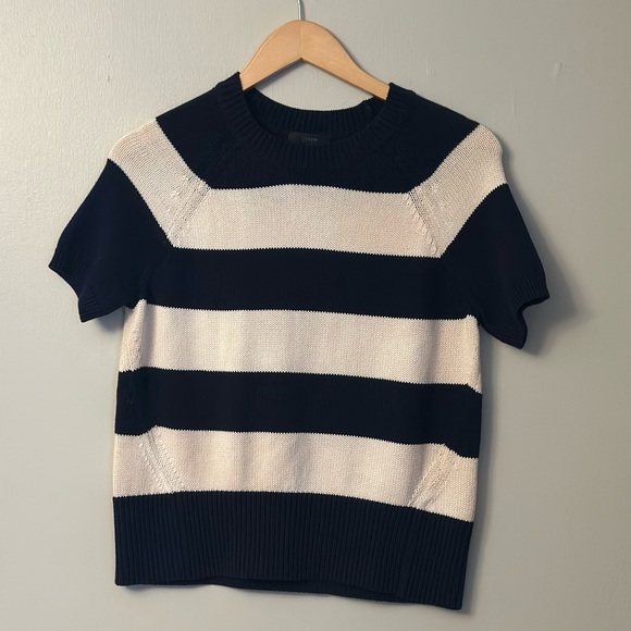 J. Crew Navy & Cream Striped Short-Sleeve Crew Sweater Size Small 100 Cotton - Picture 2 of 7